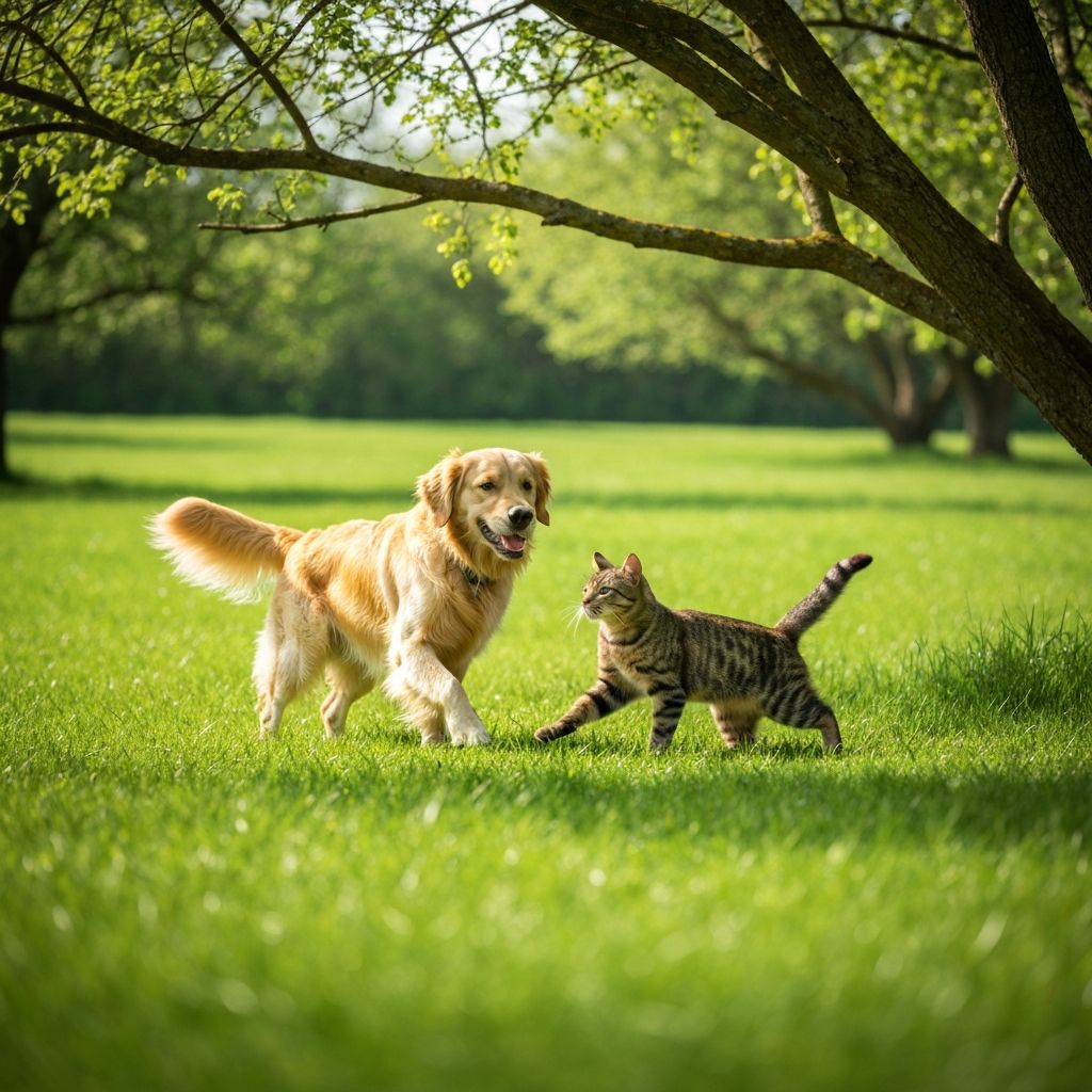 Happy cats and dogs playing together outdoors in nature