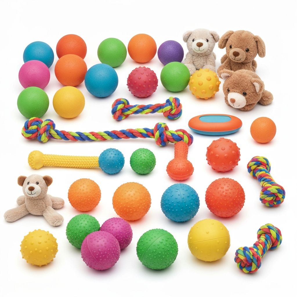 Colorful collection of pet toys for dogs and cats